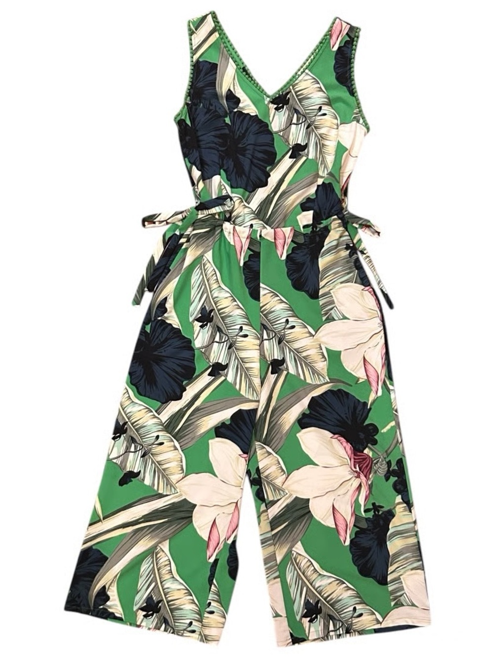 Carolina Belle Sleeveless Tropical Floral V-Neck Wide-Leg Jumpsuit Size 8 Green